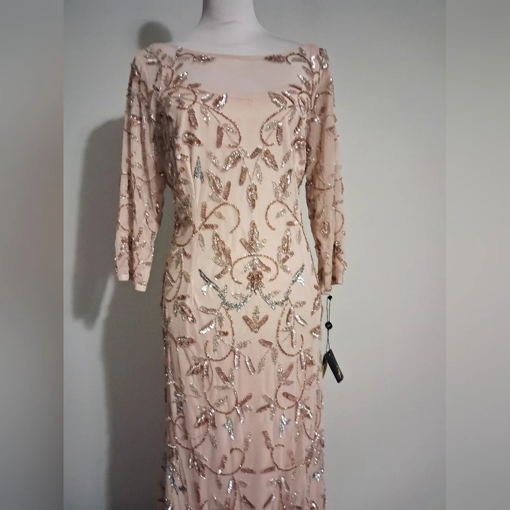 Blush Pink Beaded Illusion Evening Gown Size 14W - Picture 3 of 16
